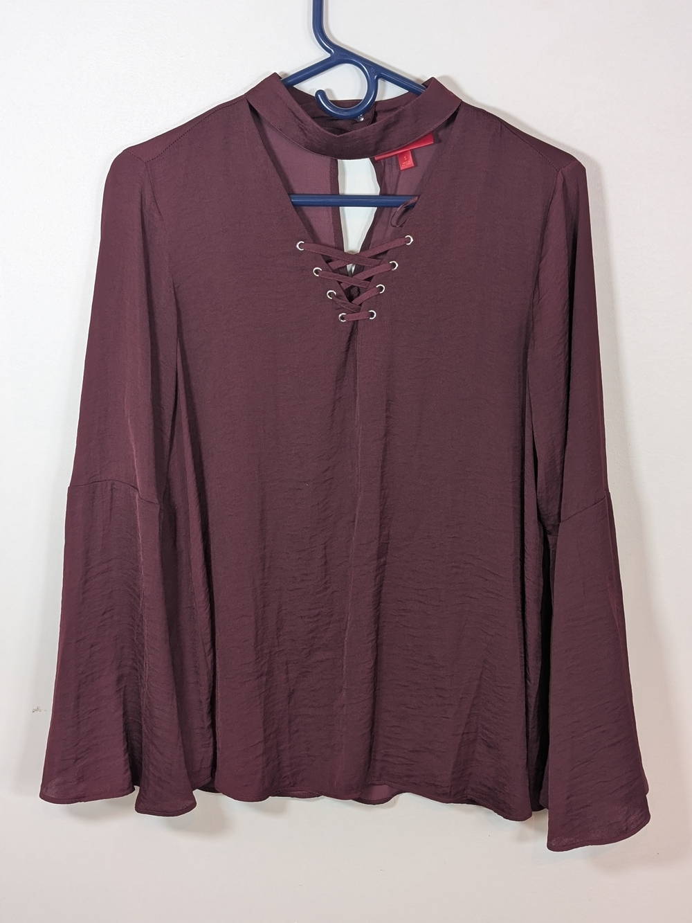 Polyester blouse, Jennifer Lopez, burgundy lace-up V-neck long sleeve top